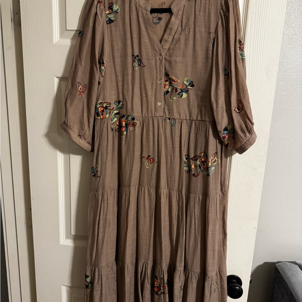 fig and flower Taupe Maxi Dress with Multicolor Floral Embroidery